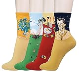 KONY Women's Cotton Art Patterned Fun Novelty Crew Socks Famous Painting Fashion Gift Size 6-9 (Art Socks - 4 Pairs)