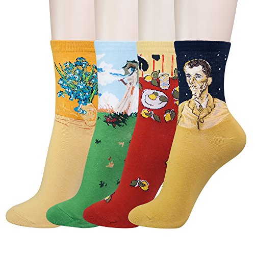 KONY Women's Cotton Art Patterned Fun Novelty Crew Socks Famous Painting Fashion Gift Size 6-9 (Art Socks - 4 Pairs)
