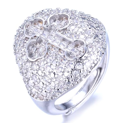 HALUKAKAH Anillo de Oro y Diamantes Iced Out, Hombre Chapado en Oro Blanco Platino Anillo con Patrón de Cruz Tamaño Ajustable con Caja de Regalo