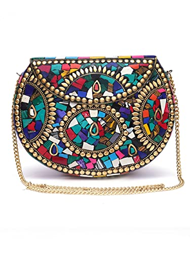 Image of Shakuntala Vintage Clutch - Metal Mosaic Stone & Shell Design Purse - Handmade Women's Handbag