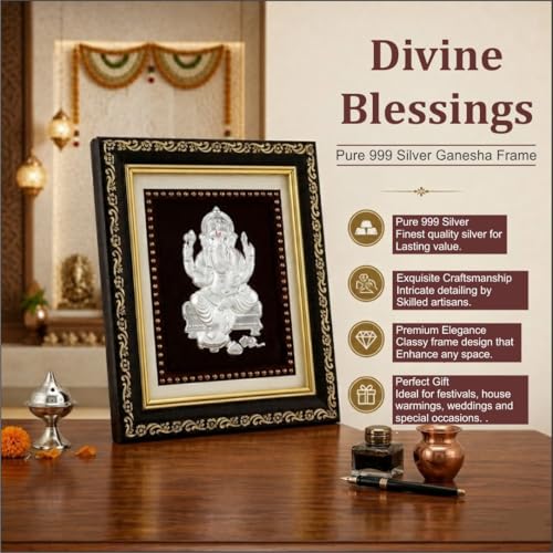 Image of 999Pure Silver Ganesh Photo Frame for Home & Office | PremiumSilver | PoojaRoom & Wall Decor | Wedding & Festival Gifts | Certificate Included | Tabletop Size 5.5x5 inch