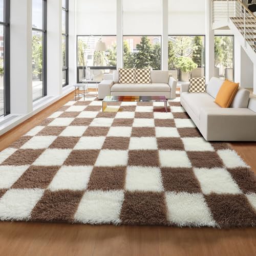 Image of KICMOR Rugs for Living Room 8x10, Large Fluffy Fuzzy Brown and Cream White Checkered Shag Area Rug Shaggy Big Carpets for Bedroom, Soft Plush Floor Rugs for Kids Boys Girls Room Nursery Home Decor