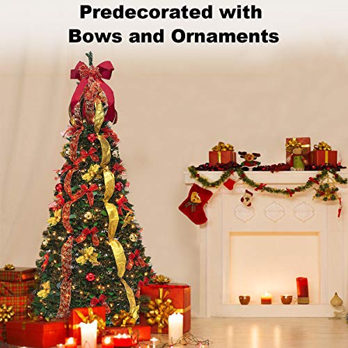 Pop Up Christmas Tree With Lights And Decorations & Remote, 6Ft Prelit Pull Up Artificial Xmas Trees Decorated Christmas Tree With Red Gold Christmas Ball Ornaments Bows Ribbons Holiday Party Decor #TOP3