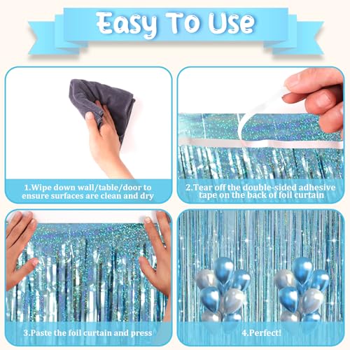 Image of Voircoloria 2 Pack Laser Light Blue Foil Fringe Curtains, Tinsel Streamers Birthday Party Decorations, Fringe Backdrop for Kids Birthday, Sea, Blue Theme Party
