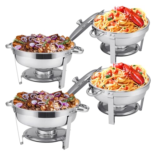 HSDYGDE 4 Packs Chafing Dish Buffet Set?5QT Round Stainless Steel Chafers and Buffet Warmers with Water Pan, Food Pan, Fuel Holder and Lid for Event Party Wedding Banquet