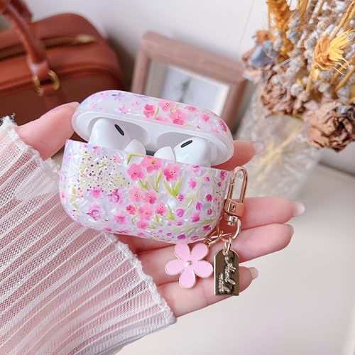Image of MINSCOSE for Cute Glitter AirPods Pro 2nd /1st Generation Case,Shell Pattern Cartoon Flower Aesthetic Design with Floral Keychain,Soft TPU Protective Cover with Cleaner Kit for AirPods Pro /Pro 2-Pink