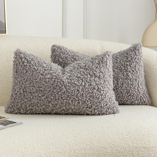 Image of Pack of 2 Curly Teddy Wool Faux Fur Throw Pillow Covers Fuzzy Accent Soft Sherpa Pillowcases Sheepskin Fleece Decorative Cushion Case for Sofa Couch Living Room 12x20 Inch Light Grey