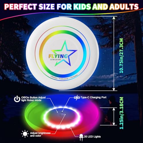 LED Light Up Flying Disc Toys for Kids Adults, 7 Colors Modes Smart Modes Flying Ring, Rechargeable, 175g, Easter Basket - Additional View