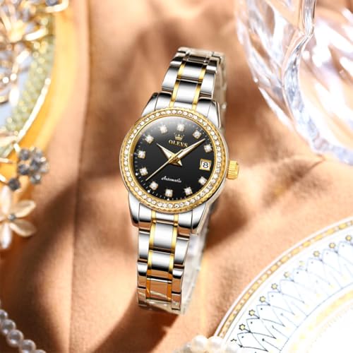Image of OLEVS Women's Automatic Watch Luxury Mechanical Stainless Steel Two Tone Waterproof Self Winding Dress Small Ladies with Date Diamond Elegant Casual Business Wristwatch Gold /Blue /Black /White