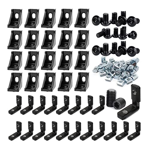 Image of 20 Set 2020 Series Aluminum Extrusion Corner Bracket with T Slot Nuts and Bolts Hardware, 20Pcs 20 Series Extruded Aluminum Profile Interior Connector for Black 2020 2040 T V Slot Accessories