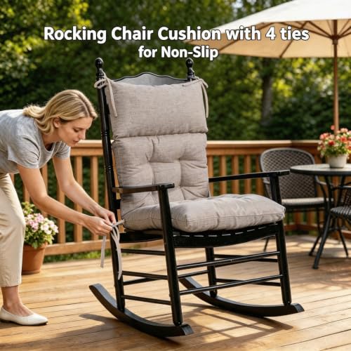 Image of QILLOWAY Outdoor Rocking Chair Cushions Set of 4, 100% Polyester Waterproof Patio Rocking Chair Cushion, High Back Weatherproof Chair Pad for Adirondack & Outdoor Furniture, Tan,Grey