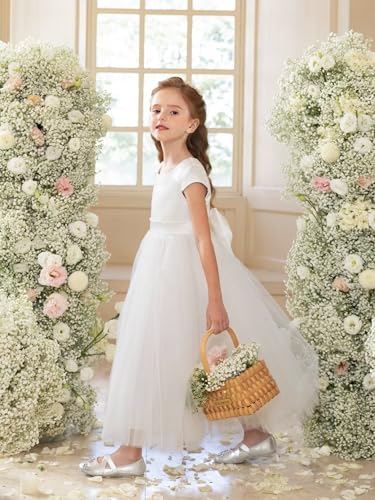 O-Neck Flower Girl Dress Cap Sleeve Pretty Wedding Party Pageant Gown Satin First Communion Dresses with Bow4