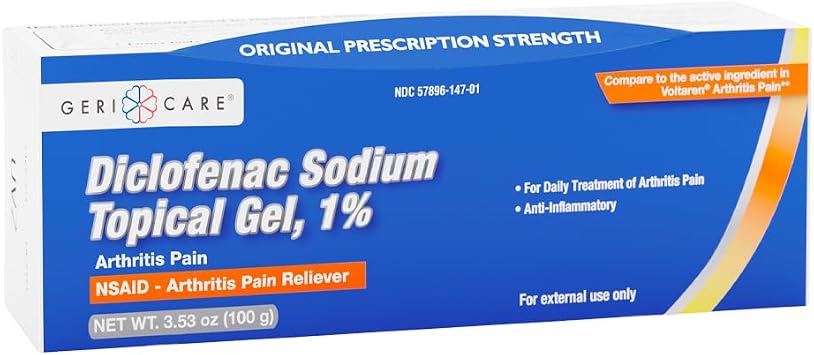Topical Arthritis Pain Relief Gel Diclofenac Sodium 1% NSAID by GeriCare- Hand Wrist Elbow Foot Ankle Knee Extra-Strength Arthritis Pain Reliever- Anti-inflammatory Arthritis Pain Treatment- 3.53oz