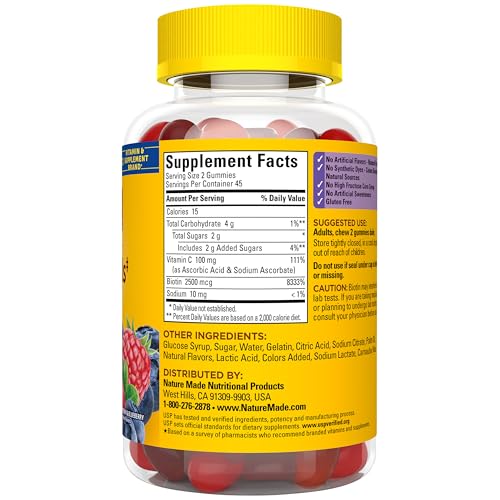 Nature Made Hair Skin and Nails with Biotin 2500 mcg, 90 Gummies | Dietary Supplement for Healthy Hair, Skin & Nails Support, Vitamin C Helps Make Collagen for Healthy Skin, 45 Day Supply - image 9