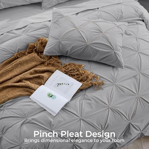 Image of Sasttie Full Size Comforter Set, 7-Piece Bed in a Bag, Pintuck Bedding Sets for All Season, Includes Comforter, Flat Sheet, Fitted Sheet, Pillowcases and Pillowshams, Light Grey