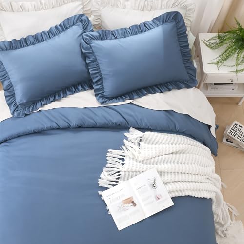 Image of Litanika Ocean Blue Full Size Comforter Sets, 3 Pieces Ruffle Farmhouse Aesthetic Bedding Comforter Sets, All Season Soft Lightweight Fluffy Microfiber Bed Set(79x90In Comforter, 2 Pillowcases)