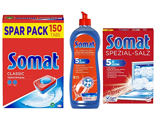 Somat Juego de limpieza para lavavajillas (1 abrillantador de 750 ml + 1 sal especial de 1,2 kg + 1 pastillas de 150 lavavajillas)