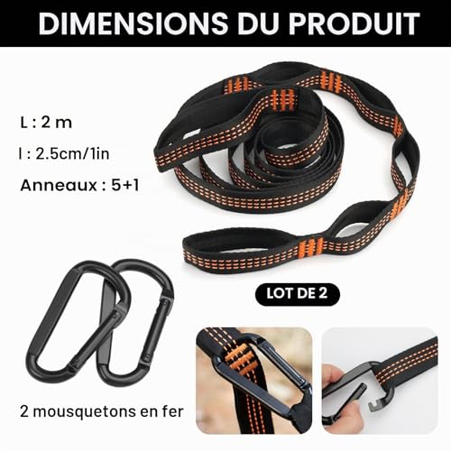 Lot de 2 Noir Sangle Hamac, 2m x 2,5 cm Suspendu Fixation en Polyester – vue 2