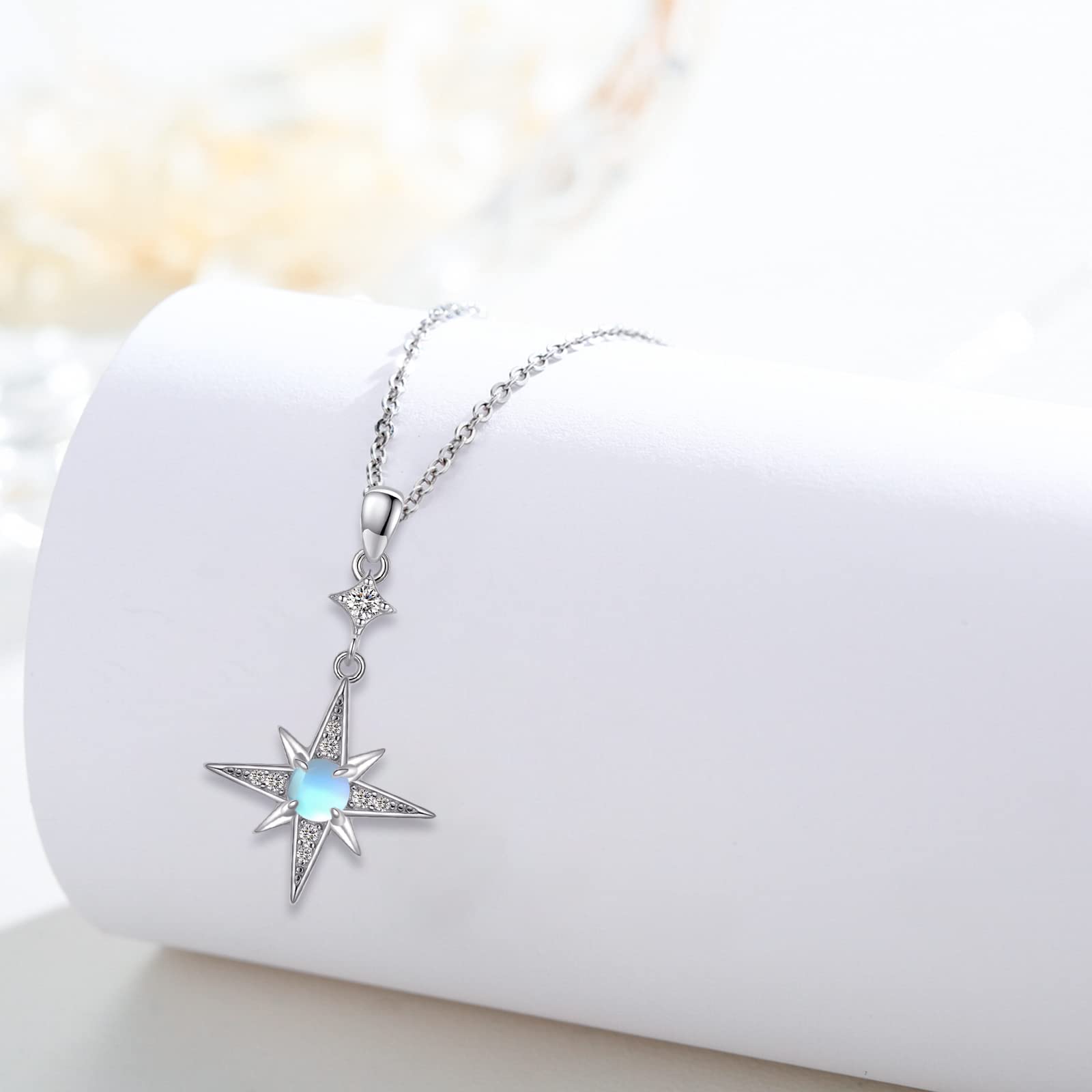 REDSUN Mondstein Halskette S925 Sterling Silber Achtzackige Stern Kette Platin/Gold/Roségold Regenbogen Anhänger Schmuck für Damen Mädchen Mutter Tochter Frau Geschenk