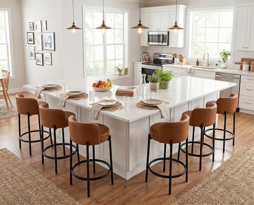 Image of CIMOTA Bar Stools Set of 6, PU Leather Counter Height Barstools with Low Back and Black Thickened Metal Legs, 26 Inch Modern Island Chairs for Kitchen Island, Bar(Brown, 6Pcs 26 inch Counter Stools)