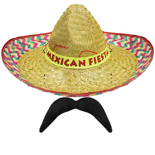 Adults Mexican Sombrero with Fiesta & Black Moustache Fancy Dress Party Accessories - Summer Straw Sun Hat (Pack of 1)