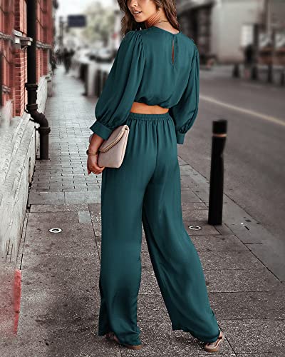 Btfbm Women's 2 Piece Lounge Set Satin Outfits 2023 Spring Casual Long Puff Sleeve Crop Tops Loose Wide Long Palazzo Pants（Solid Blue Green,Large #TOP3