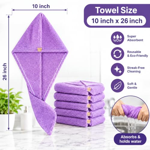 Image of Hair Towel Wrap for Women-Quick Drying Microfiber Towel for Hair with Elastic Loop for Tying-Super Absorbent Head Towels Wrap for Ladies Hair Turban (Pack 1, Purple)
