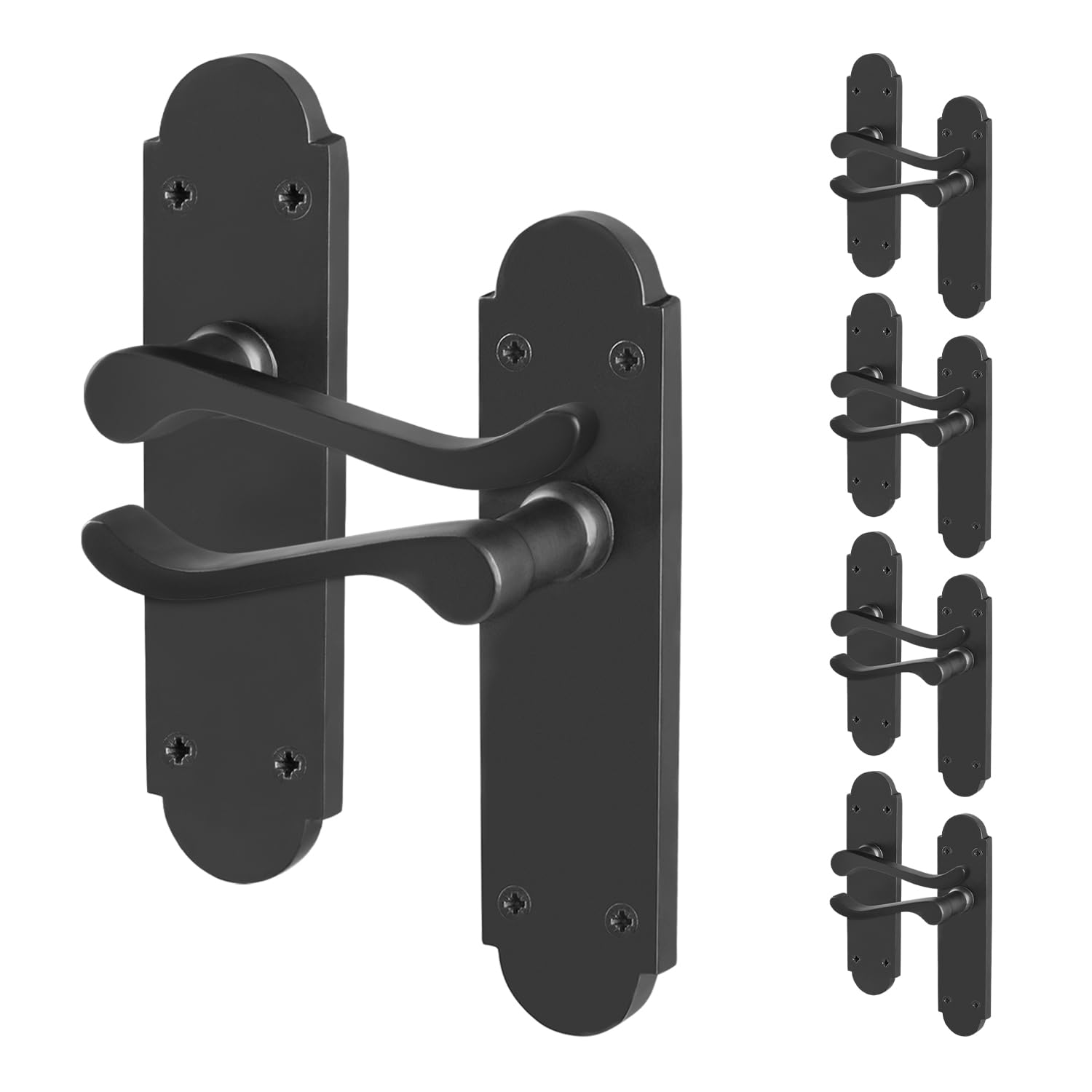 EAI Black Door Handles, 5 Pairs of Internal Matt Black Victorian Scroll Shaped Backplate Handles