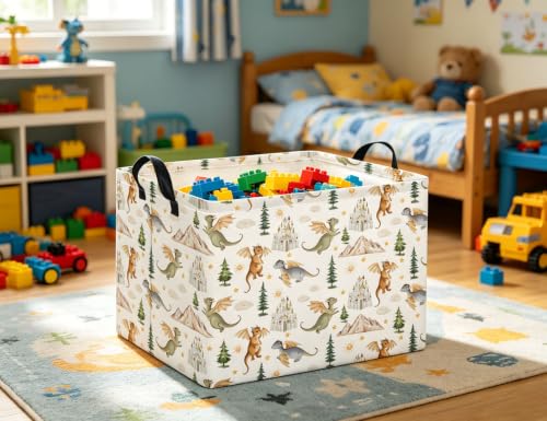 Image of Rectangular Kids Basket Baby Girl Basket Fabric Storage Bin Organizer Box Room Decor(Castle Dinosaur)