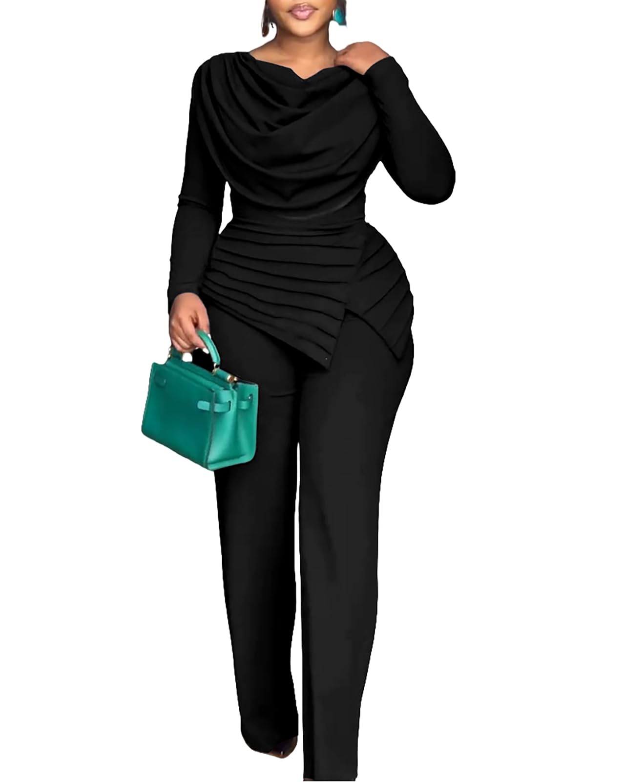 Women's Fall Jumpsuit Long Sleeve Jumpsuit Dressy Cowl Neck Asymmetrical Hem Overall Zipper Back One Piece Outfit-image-39