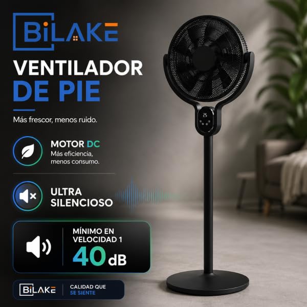 Bilake Ventilador de Pie Cadalso Diseño Interior Moderno | Motor DC 25W Ultra Silencioso 40dB | 9 Aspas 8 Velocidades | Oscilación 90º Mando a Distancia | Temporizador 12h | Altura 100-136cm (Negro)
