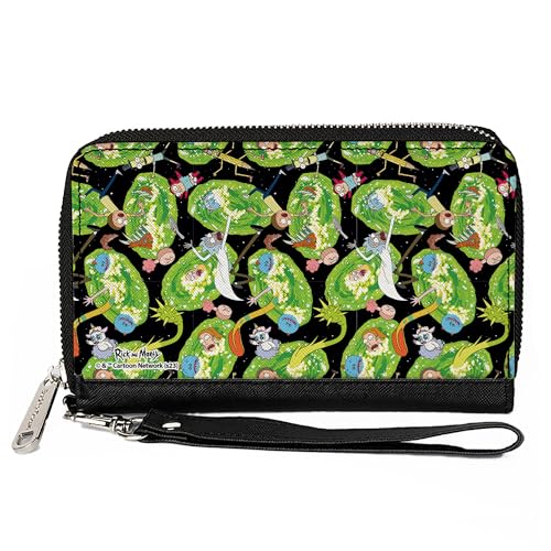 Buckle-Down Rick and Morty Wallet, Zip Around, Rick and Morty Portal Multi Character Scattered Black/Green, Vegan Leather
