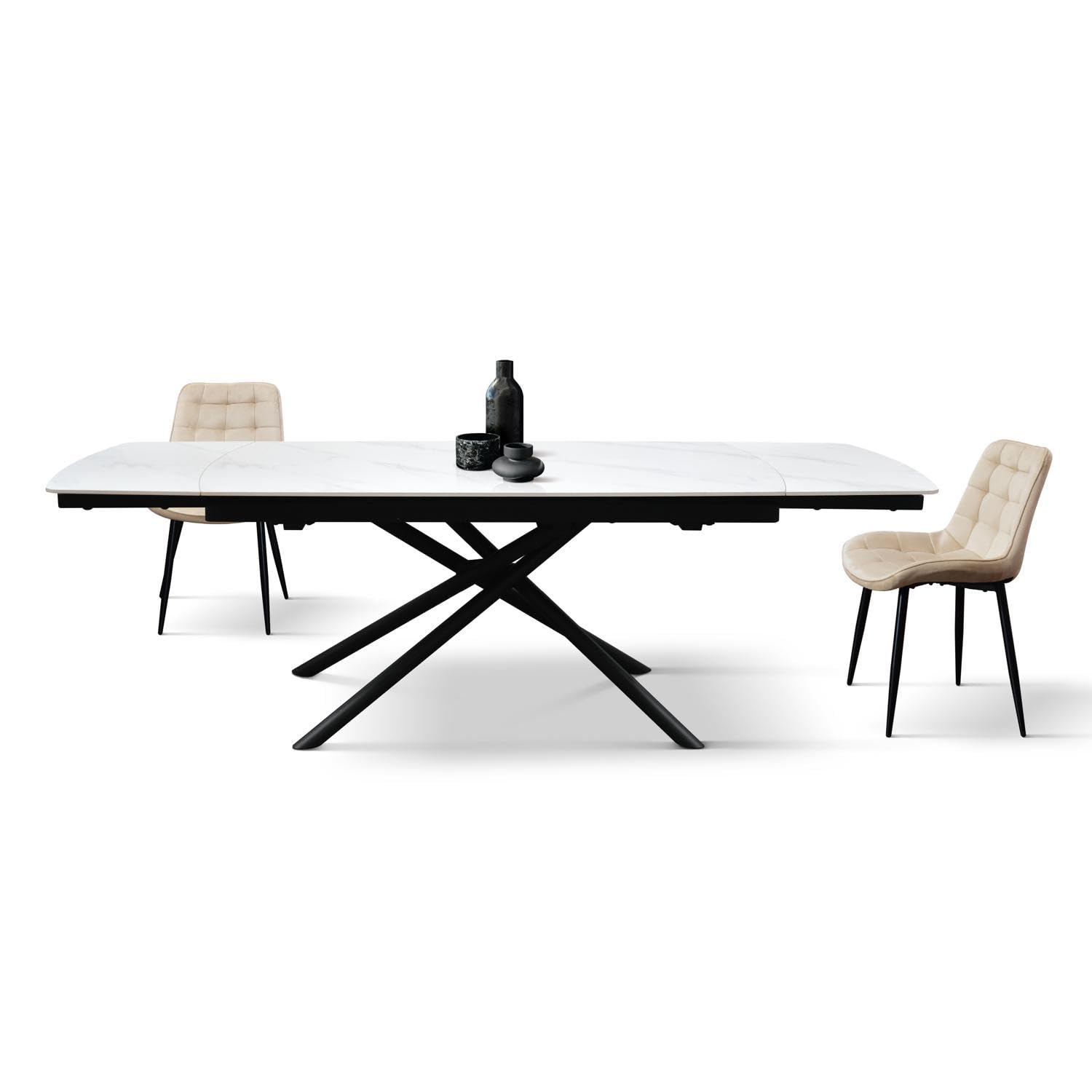 KONTE.DESIGN Tavolo BONIFACIO in ceramica bianco statuario e base in metallo verniciato nero, allungabile 160x90 cm - 240x90 cm