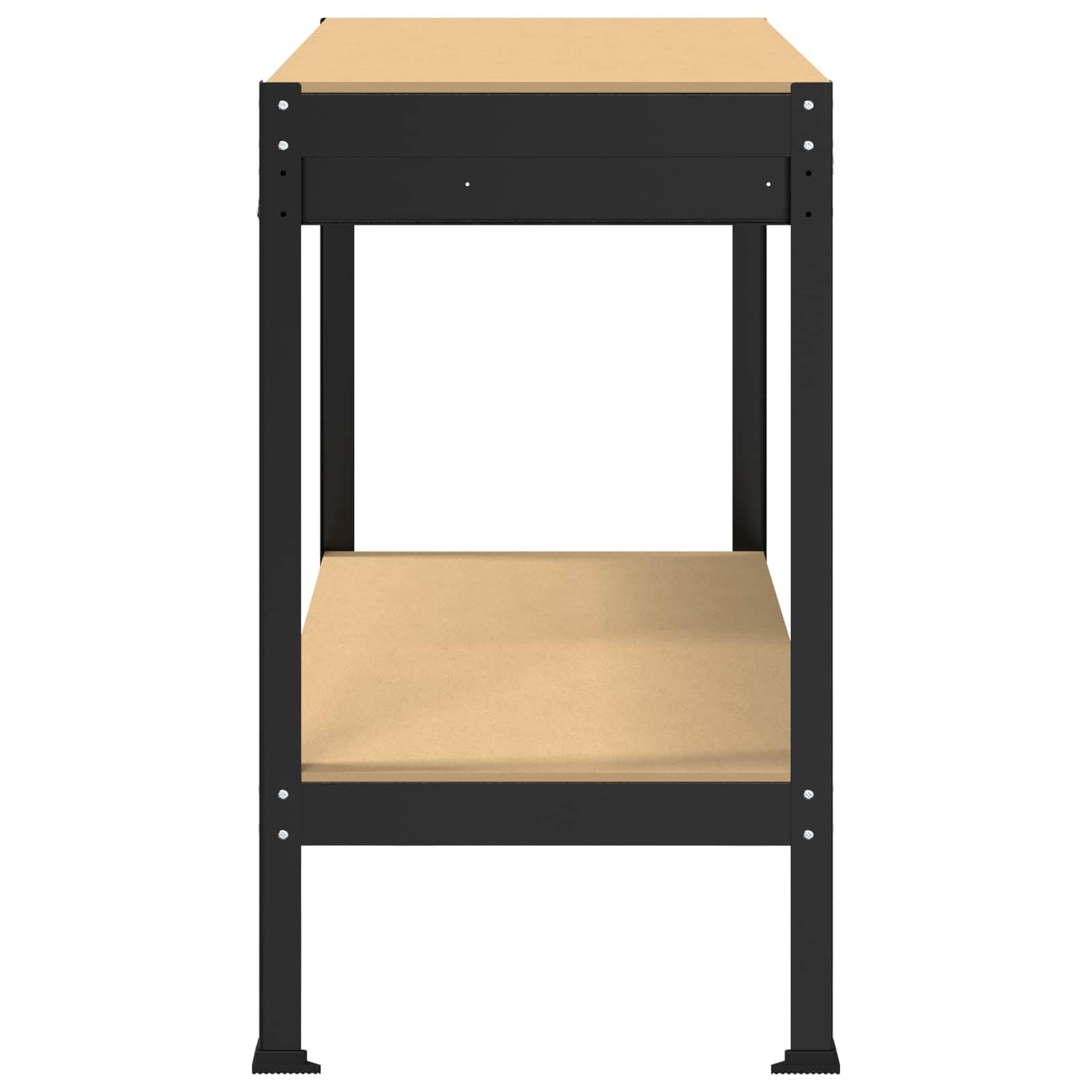 Banco de trabajo negro 114 x 54 x 91 cm de madera contrachapada y metal con cajón, pared perforada y estantes para taller, garaje y sala de ocio
