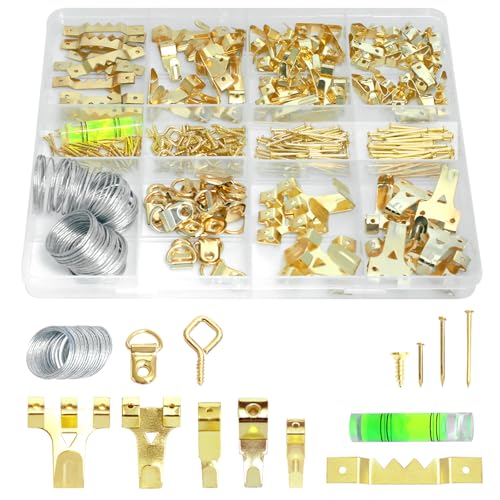 Image of 303 Pcs Picture Hanging Kit,Picture Hangers,Picture Hanging Wire Wall Hanging Kit,Frame Hangers,Frame Hooks,Picture Hooks Accessories with Hanging Nails,Hanging Wires(Gold)