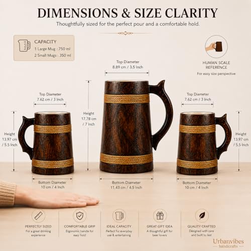 Image of Wooden Beer Bar Combo Set | Barrel Shaped Jumbo Mug | 2 Small Beer Mug 300ML (5 x 4 inches Each) & 1 Large Beer Jug 750ML (Plain Design)