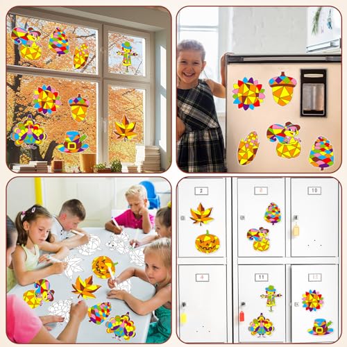 Qyeahkj QY1439 30 Set Thanksgiving Fall Arts Crafts For Kids Autumn Pumpkin Window Suncatcher Craft Kit Diy Turkey Coloring Craft Window Cling Sticker With Markers Harvest Party Gift For Home Classroom Decor thumb #6