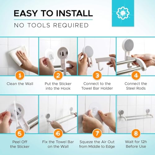 Image of Wall Mounted Adhesive Multi Bar Towel Holder Rack with Rotating Stainless Steel Rods and Side Hook for Bathroom Kitchen Use on Smooth Flat Surfaces (Towel Rack 002)