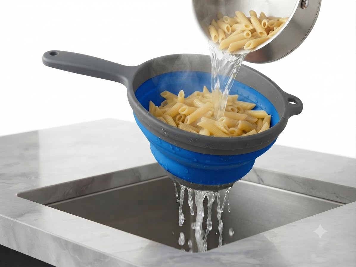Collapsible Colander with Handle Space Saving Silicone Folding Strainer Blue