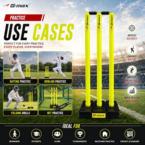 Image of G-Max Cricket Wicket Set - 30 Inch Plastic Stumps with Stand & Bails | Durable Cricket Wickets for Ground, Match, Tournament, Practice | Standard Size Cricket Kit for All Ages (Neon Green)