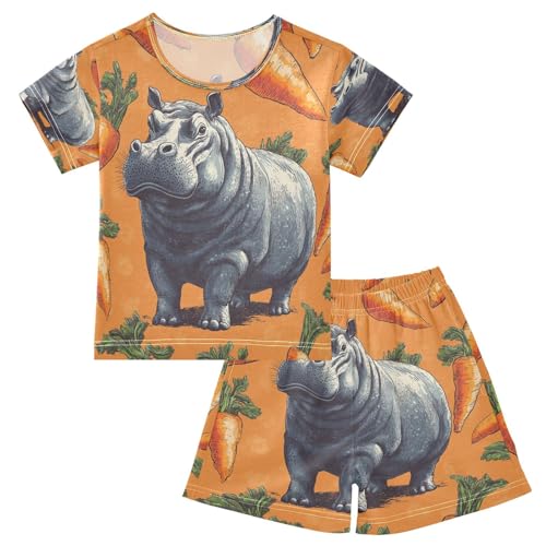 Pajama Sets Short Sleeve Hippo Among Orange Carrots Soft Cotton Summer Sleepwear 2 Piece PJS Size 5-14T