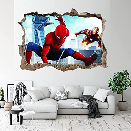 Superhero Wall Stickers 3D Spiderman Removable PVC Wall Decals Decoration, 3D Famous Hero Wall Decals Movie Characters Smashed Wall Stickersï¼ˆ19.7x27.6 Inchï¼‰