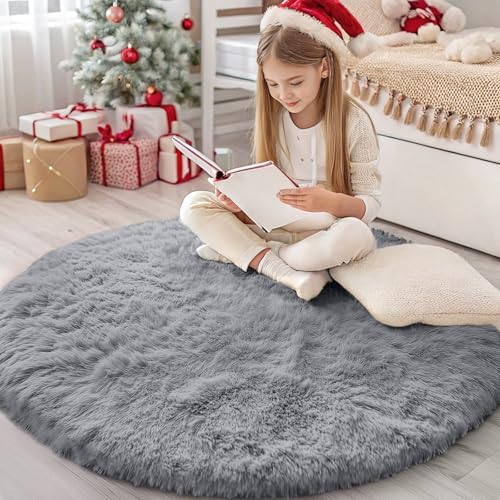 Homaxy Hochflor Waschbar Klein Teppich Wohnzimmer 120 cm Rund, Grau | Anti-Rutsch Unterseite Teppiche, Flauschig Teppich fürs Kinderzimmer, Schlafzimmer