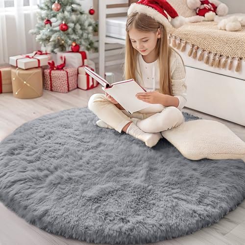 Homaxy Hochflor Flauschig Teppich Anti-Rutsch Unterseite Waschbar Groß Teppiche fürs Wohnzimmer, Kinderzimmer, Schlafzimmer - 200 cm Rund, Grau