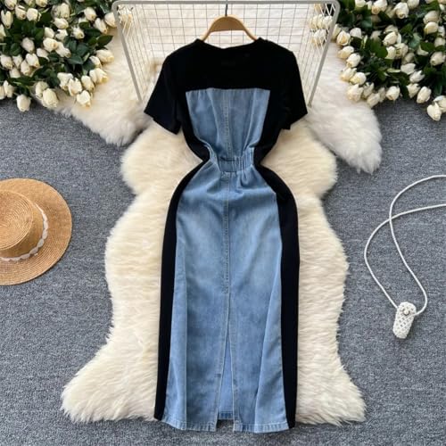 Robe patchwork denim col rond ideale pour le bureau et les sorties citadines