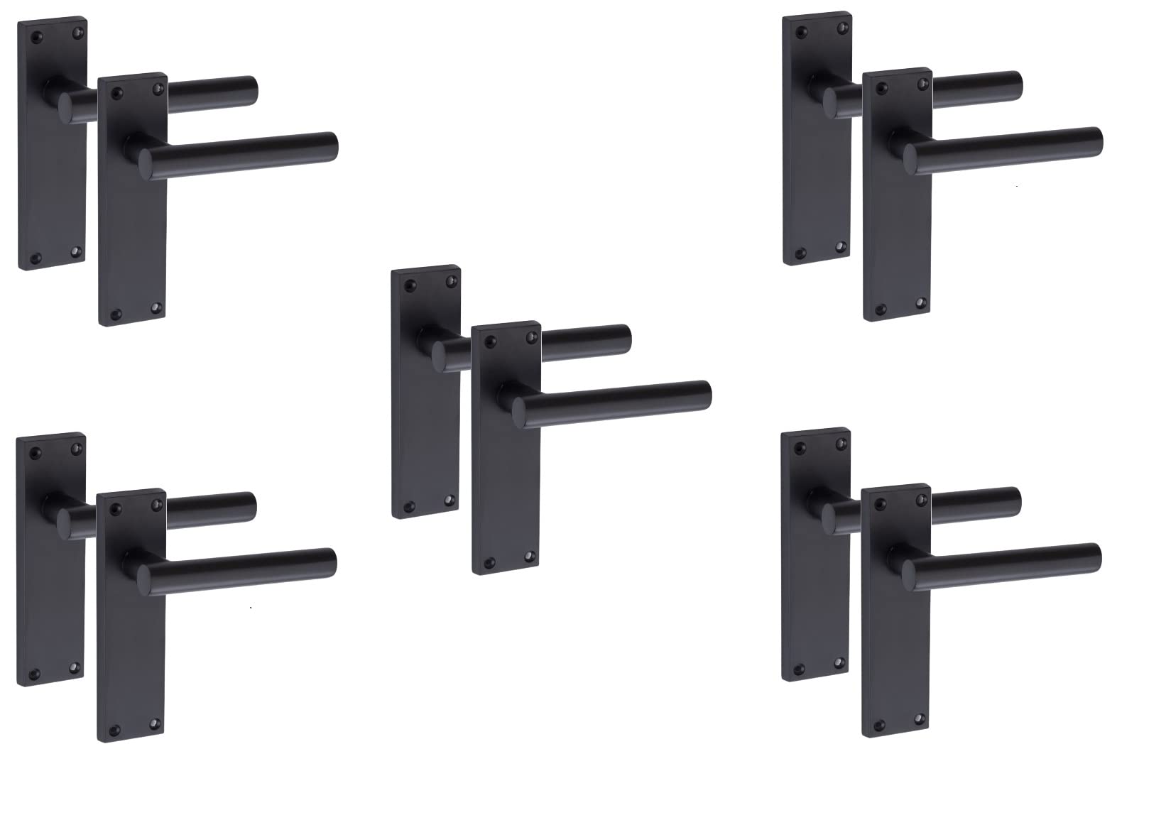 Golden Grace Door Handle Straight T-Bar Modern Lever Backplate for Latch, Matt Black Finish, 5 Pairs - 150mm x 40mm