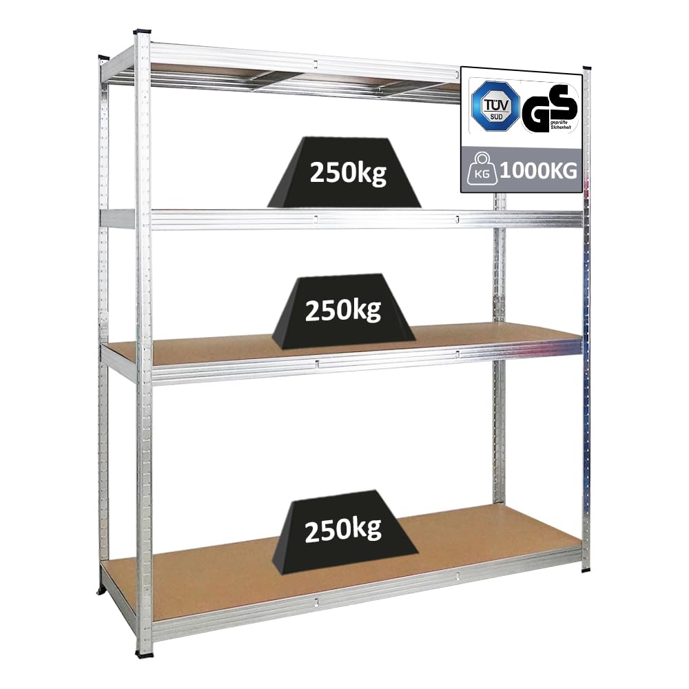PROREGAL Schwerlastregal Taurus XL mit TÜV/GS Zertifizierung 180x160x60cm Gesamtlast 1000kg Verzinkt Kellerregal, Steckregal, Garagenregal, Lagerregal