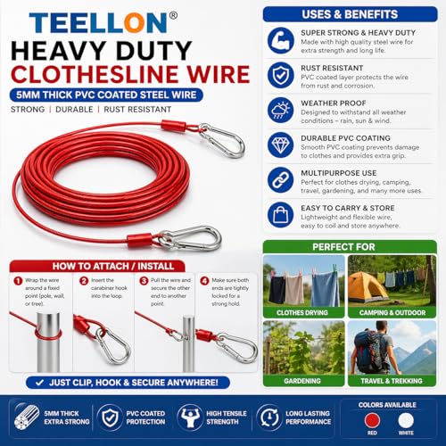 Image of 9.1 Meter (5mm) Heavy Duty Stainless Steel Clothesline Wire Rope with Carabineer Hooks, Portable Rustproof Laundry Drying Rope Cable for Balcony Garden Home Indoor Outdoor Uses (Red, 30 Feet)