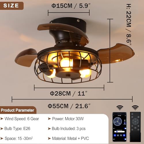 BEALWISE 21.6'' Retractable Ceiling Fans with Lights Caged Farmhouse Ceiling Fan Lights with Remote Control and APP, Rustic Industrial Ceiling lamp Black Fixture for Living Room Bedroom Kitchen, A by BEALWISE - Used condition - Image 3