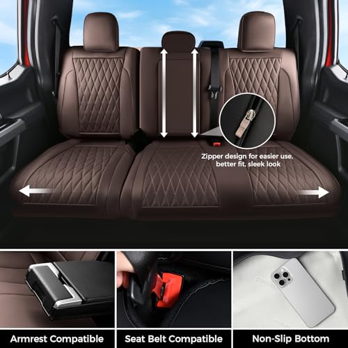 Image of Coverado Premium Leather Full Set Seat Covers Waterproof Heavy-Duty Protectors Custom Fit for Ford F150 (2015-2026) F250 /F350 /F450 (2017-2026)-Coffee, Vintage Style, Scratch-Resistant